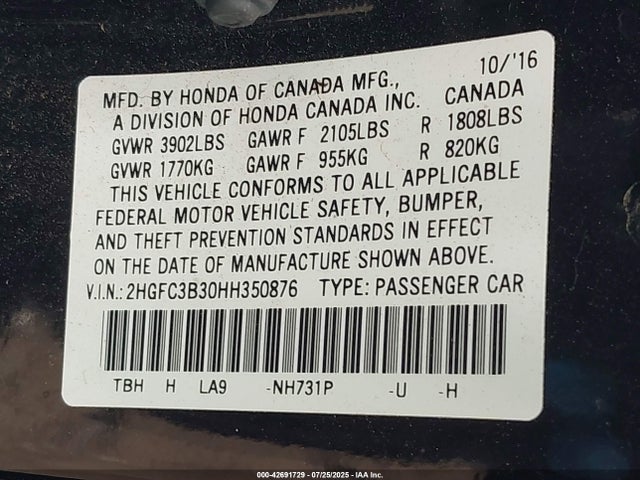 Honda l15b7 2017 2HGFC3B30HH350876 Image 9