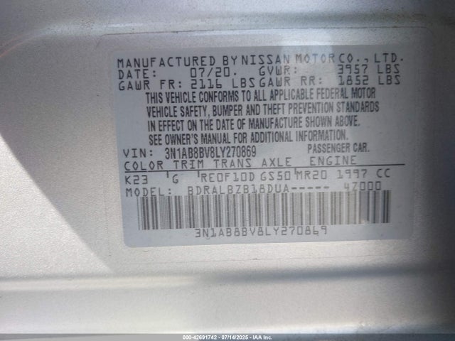3N1AB8BV8LY270869 Nissan Sentra