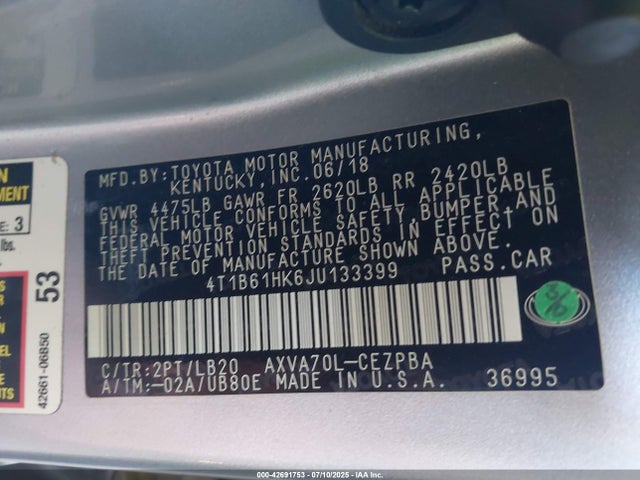 4T1B61HK6JU133399 Toyota a25a-fks