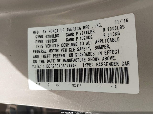 1HGCR2F3XGA126954 Honda k24w1