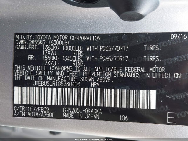 Toyota 1gr-fe 2016 JTEBU5JR1G5380403 Image 9