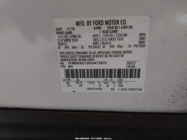 1FM5K8GT2KGA73679 Ford EXPLORER SPORT
