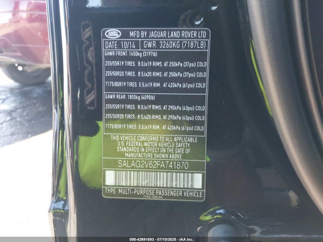 Land Rover super-charged lev2 ulev 2015 SALAG2V62FA741870 Image 9