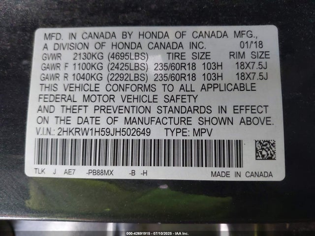 2HKRW1H59JH502649 Honda l15be