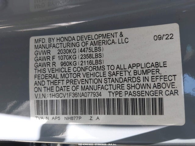1HGCV1F36NA077934 Honda l15be