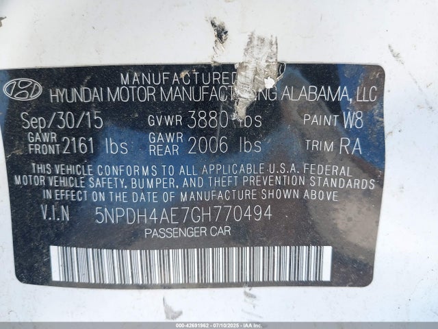 5NPDH4AE7GH770494 Hyundai dohc mpi nu