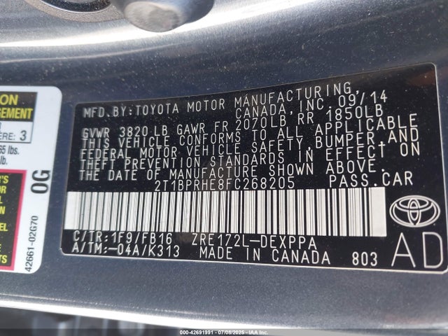 2T1BPRHE8FC268205 Toyota 2zr-fae