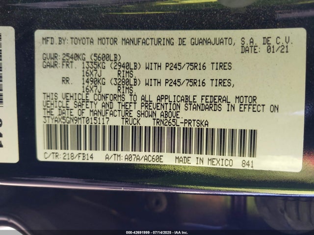 Toyota 2tr-fe 2021 3TYAX5GN9MT015117 Image 9
