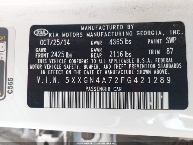 5XXGN4A72FG421289 KIA dohc gdi theta ii