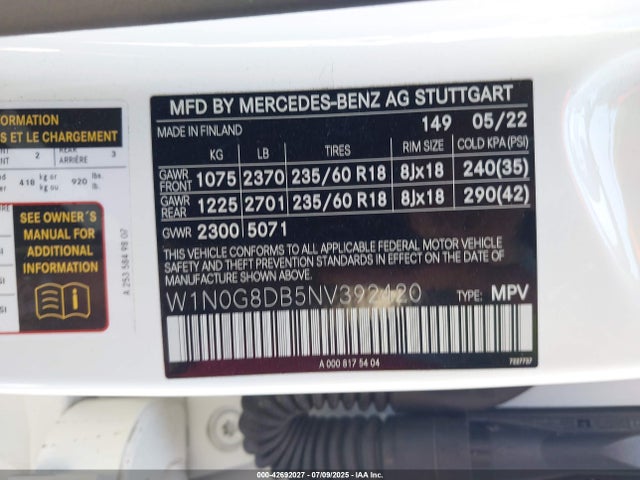 W1N0G8DB5NV392420 Mercedes-Benz m274