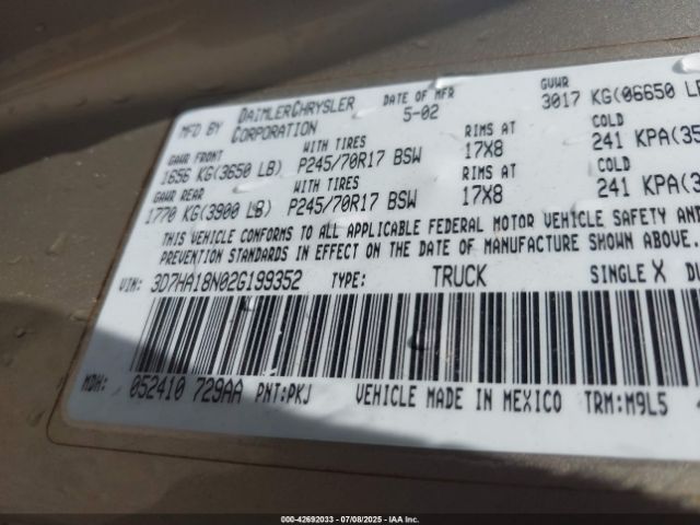 2002 DODGE RAM 1500 3D7HA18N02G199352 Photo 8