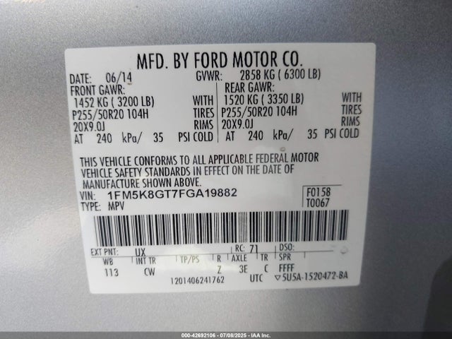 1FM5K8GT7FGA19882 Ford 2015