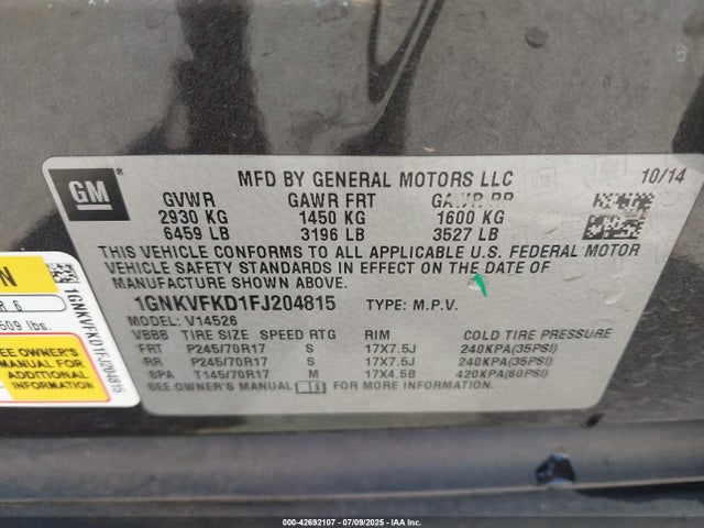 Chevrolet Traverse Ls 2015 1GNKVFKD1FJ204815 Image 9