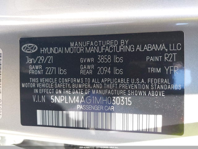 5NPLM4AG1MH030315 Hyundai mpi nu pe