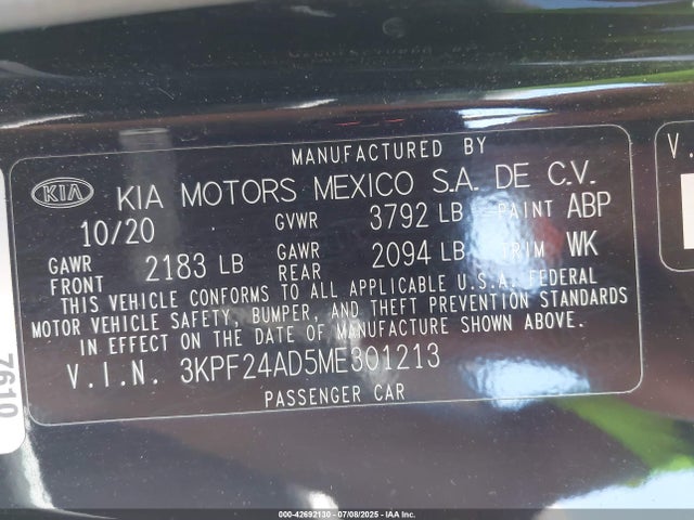 3KPF24AD5ME301213 KIA mpi nu