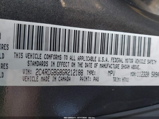 2C4RDGBG8GR212188 Dodge 2016