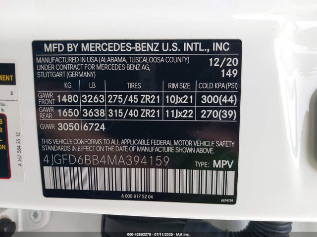 4JGFD6BB4MA394159 Mercedes-Benz m256