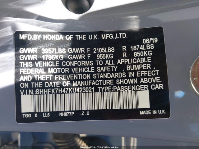 SHHFK7H47KU423021 Honda l15ba