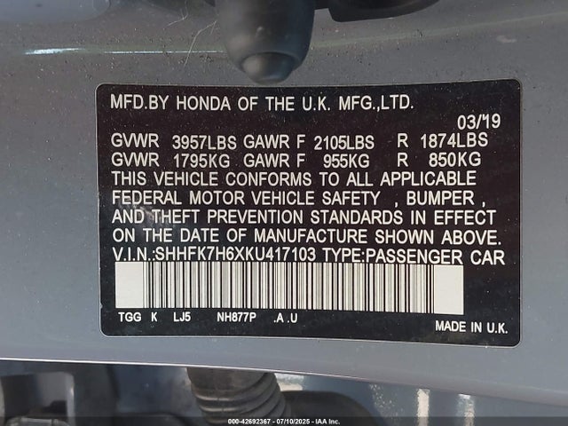 SHHFK7H6XKU417103 Honda l15ba