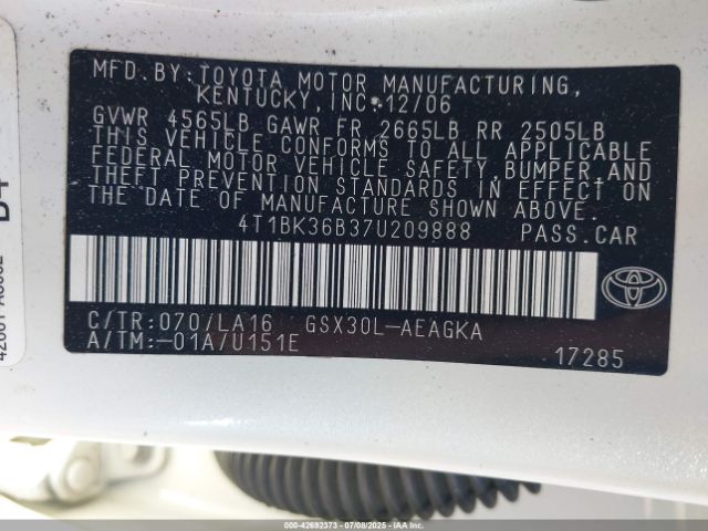 2007 TOYOTA AVALON 4T1BK36B37U209888 Photo 8