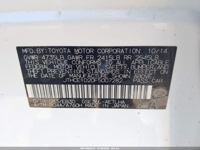 Lexus 2gr-fse 2015 JTHCE1D20F5007282 Image 9