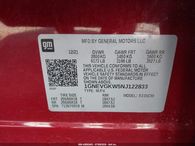 1GNEVGKW5NJ122833 Chevrolet lfy