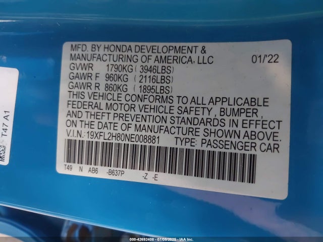 Honda k20c2 2022 19XFL2H80NE008881 Image 9