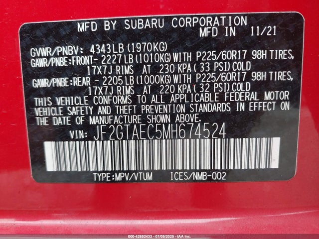 Subaru na 2021 JF2GTAEC5MH674524 Image 9
