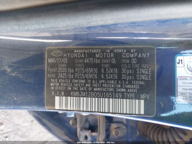 2005 HYUNDAI TUCSON KM8JM12B05U165149 Photo 8