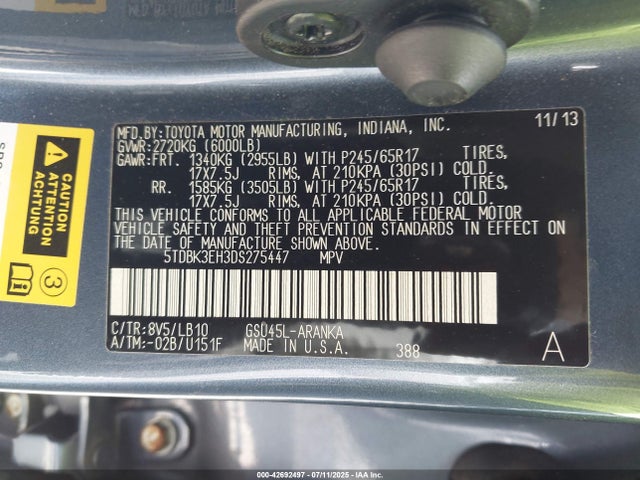2013 TOYOTA HIGHLANDER 5TDBK3EH3DS275447 Photo 8