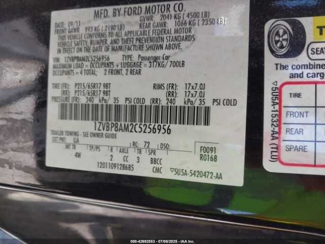 2012 FORD MUSTANG 1ZVBP8AM2C5256956 Photo 8