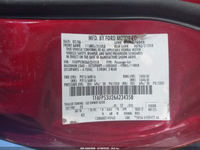 2006 FORD TAURUS 1FAFP53U26A234358 Photo 8