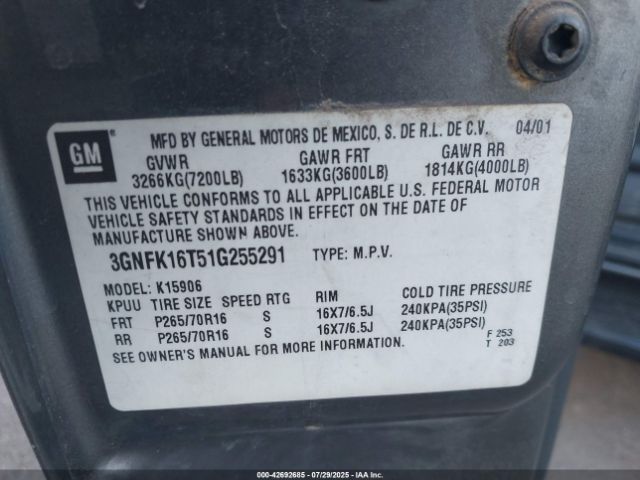 2001 CHEVROLET SUBURBAN 1500 3GNFK16T51G255291 Photo 8
