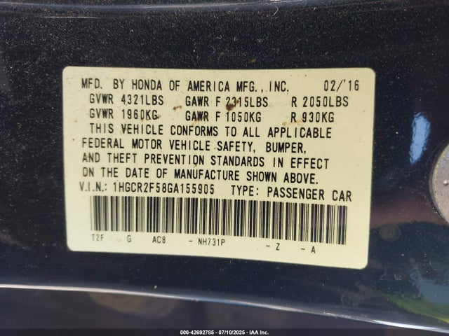 1HGCR2F58GA155905 Honda k24w1