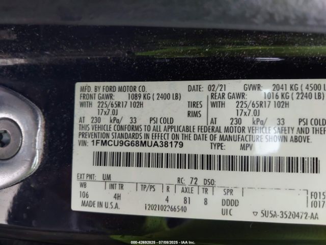 2021 FORD ESCAPE 1FMCU9G68MUA38179 Photo 8