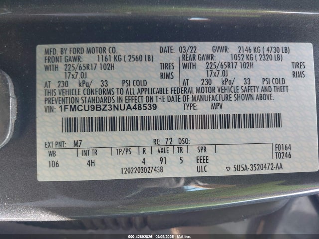 1FMCU9BZ3NUA48539 Ford hev/phev