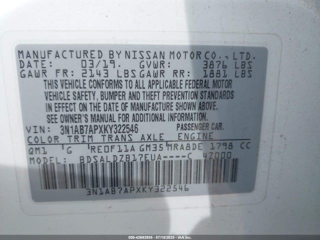 3N1AB7APXKY322546 Nissan 2019