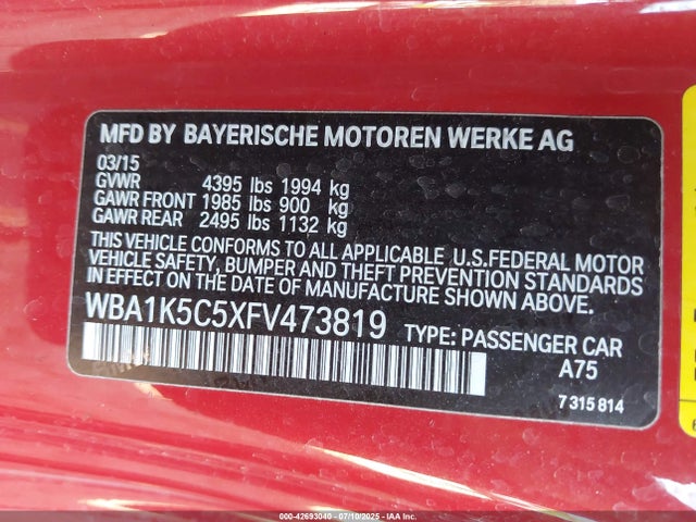 WBA1K5C5XFV473819 BMW 2015