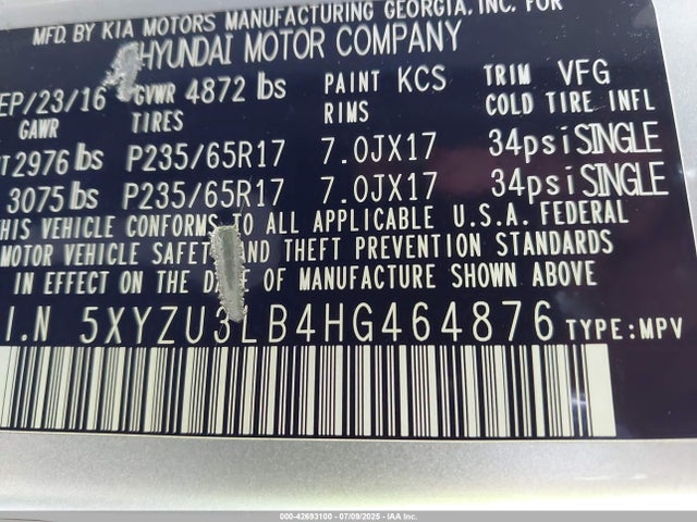 5XYZU3LB4HG464876 Hyundai gdi theta ii