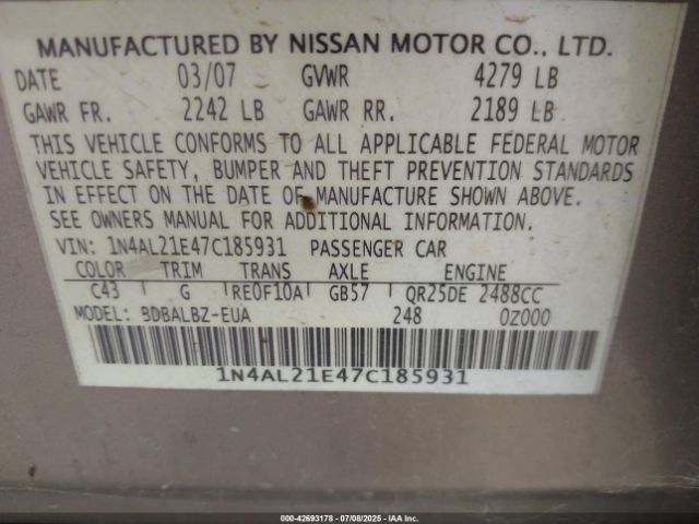 2007 NISSAN ALTIMA 1N4AL21E47C185931 Photo 8
