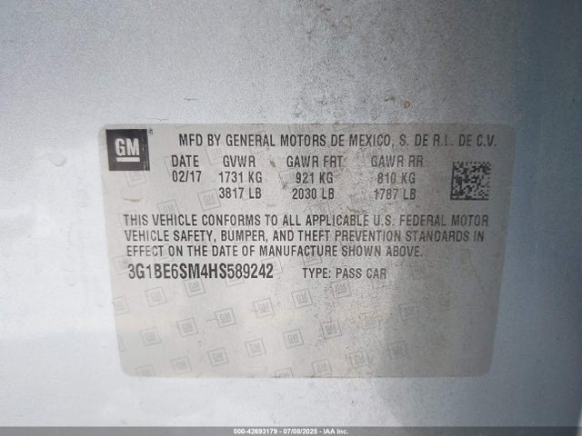 3G1BE6SM4HS589242 Chevrolet le2 -di: direct injection, vvt: variable valve timing, gen, alum