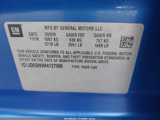 1G1JD6SH9H4127986 Chevrolet luw - mfi, e85 max