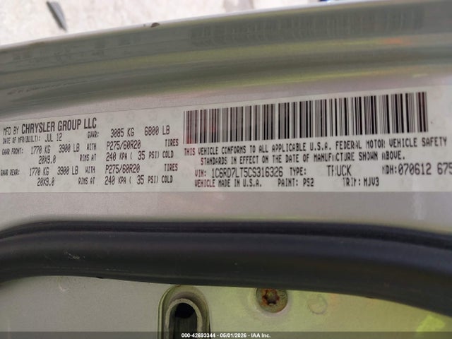 Auction sale of the 2012 Ram 1500 Slt, vin: 1C6RD7LT5CS316326, lot number: 42693344
