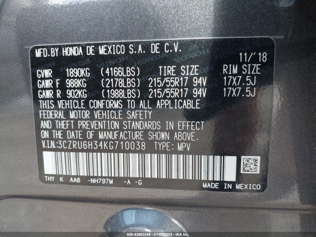 3CZRU6H34KG710038 Honda r18z9