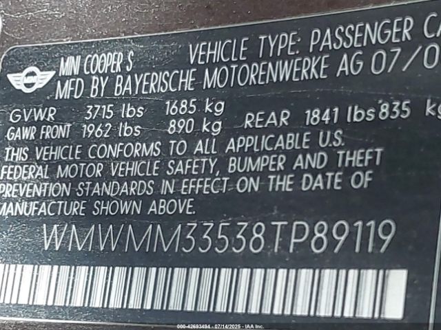2008 MINI COOPER S CLUBMAN WMWMM33538TP89119 Photo 8