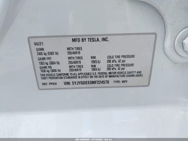 2021 TESLA MODEL Y 5YJYGDEE0MF224578 Photo 8