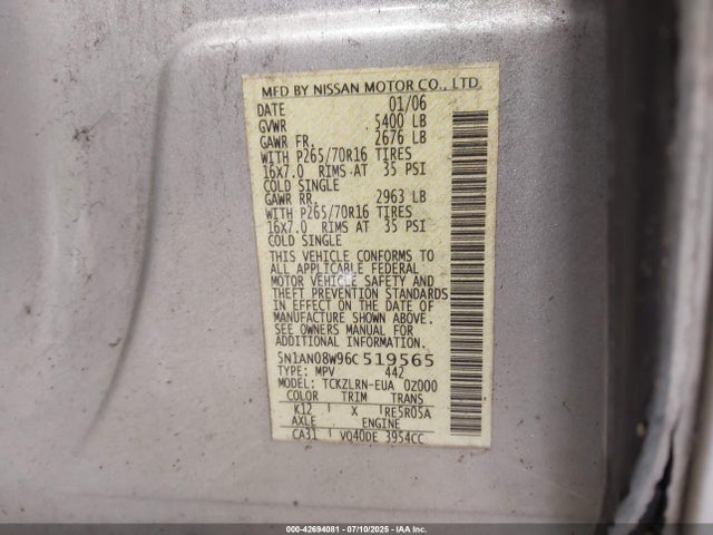 2006 Nissan Xterra S მანქანა იყიდება აუქციონზე, vin: 5N1AN08W96C519565, აუქციონის ნომერი: 42694081