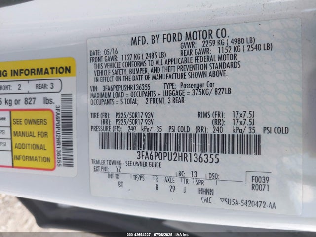 Ford 2.0l 4v atk hev 2017 3FA6P0PU2HR136355 Image 9