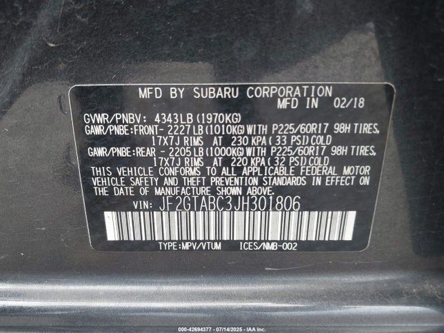 Subaru naturally aspirated 2018 JF2GTABC3JH301806 Image 9