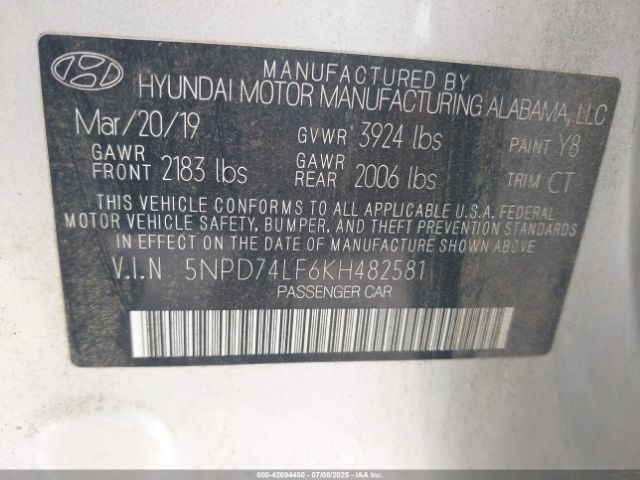 2019 HYUNDAI ELANTRA 5NPD74LF6KH482581 Photo 8